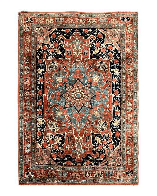 Antique Persian Bidjar Rug 4x5, Red and Blue, Hand Knotted Wool Carpet