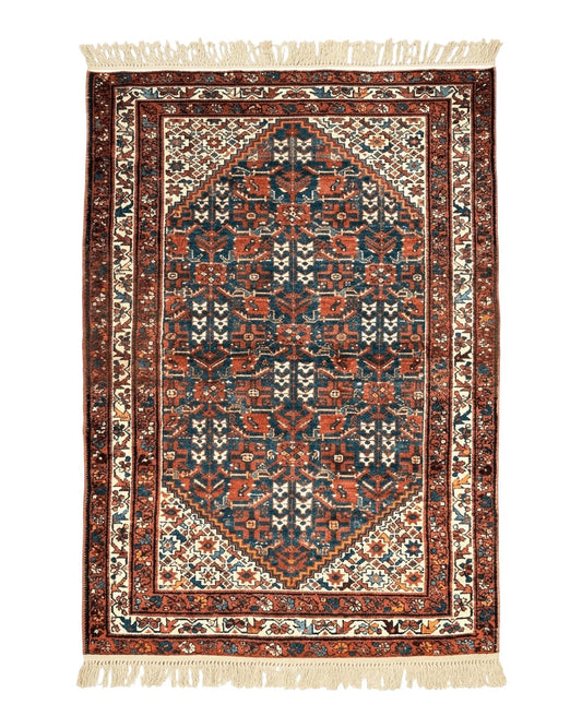 Persian Malayer Rug 4x7, Tribal Rug, Geometric, Antique Oriental Carpet, Red Blue Cream, Boho Rug, Hand Knotted Wool Rug