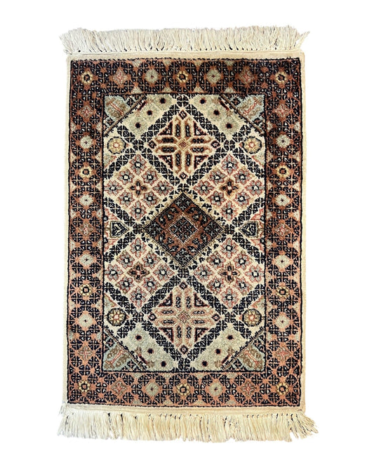Small Indo Persian Rug 1.5 x 2, Hand Knotted Oriental Carpet, Wool Vintage Handmade, Cream Multicolor, Panel Design