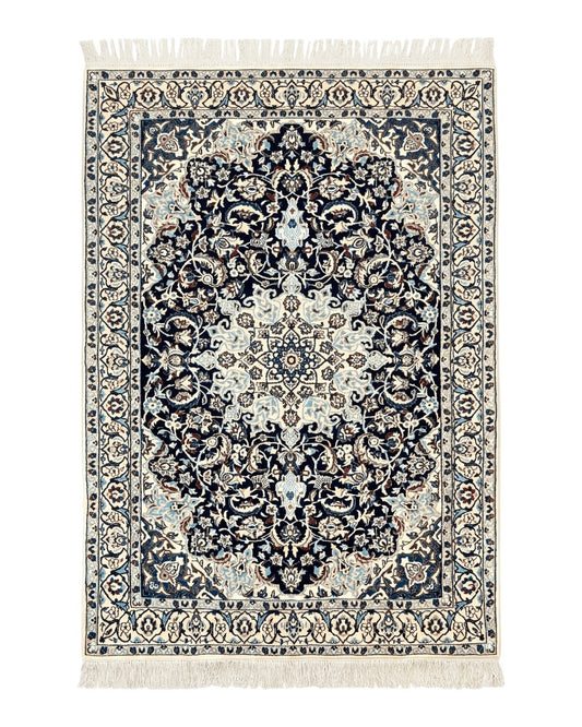Persian Nain Rug 4x6, Floral, Hand Knotted Vintage Wool & Silk Highlights, Signature from Masterweaver, Navy Blue and Ivory