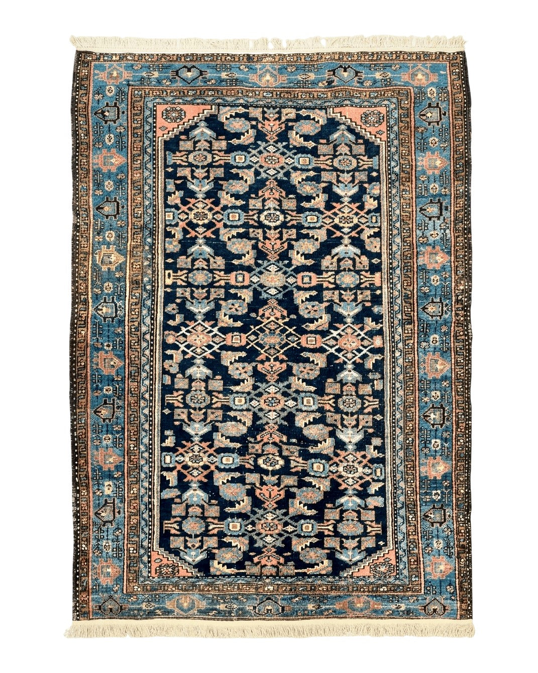 Antique Persian Tribal Rug 5x7, Navy Blue & Pink, Hand Knotted Handmade 1920s Wool Rug, Allover Pattern, Persian Hamadan Rug