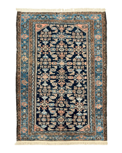 Antique Persian Tribal Rug 5x7, Navy Blue & Pink, Hand Knotted Handmade 1920s Wool Rug, Allover Pattern, Persian Hamadan Rug