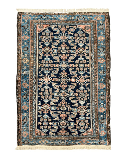 Antique Persian Tribal Rug 5x7, Navy Blue & Pink, Hand Knotted Handmade 1920s Wool Rug, Allover Pattern, Persian Hamadan Rug