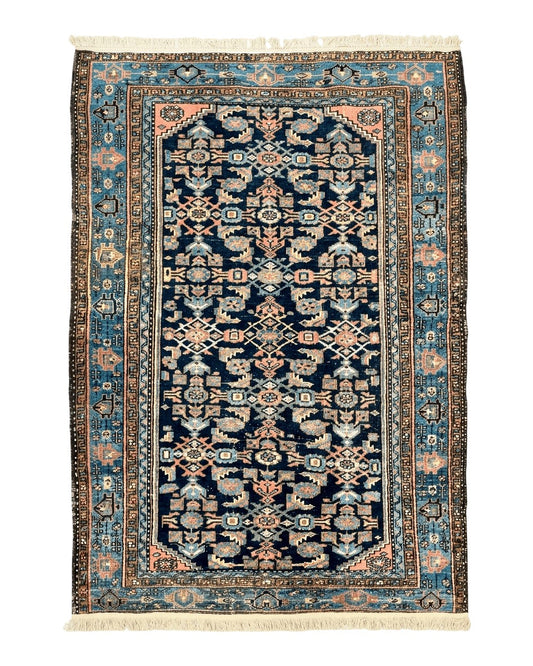 Antique Persian Tribal Rug 5x7, Navy Blue & Pink, Hand Knotted Handmade 1920s Wool Rug, Allover Pattern, Persian Hamadan Rug