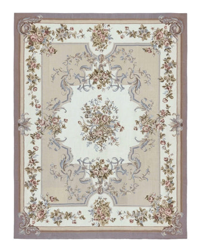 Aubusson Needlepoint Rug 9x12, VIntage Handmade Wool Beige Floral European Elegant Rug 9 x 12, Floral Roses