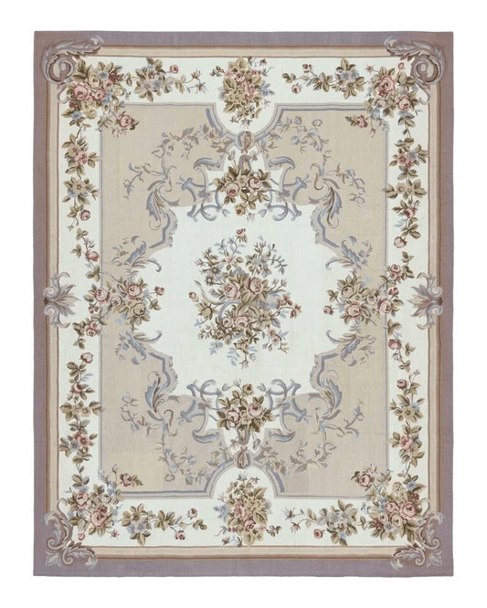 Aubusson Needlepoint Rug 9x12, VIntage Handmade Wool Beige Floral European Elegant Rug 9 x 12, Floral Roses