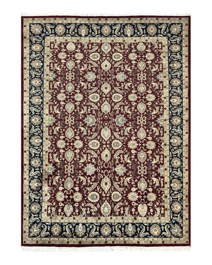 Indo Persian Rug 10x14, Floral Allover, Maroon, Handmade Hand Knotted VIntage Wool Rug, Large Oriental Carpet