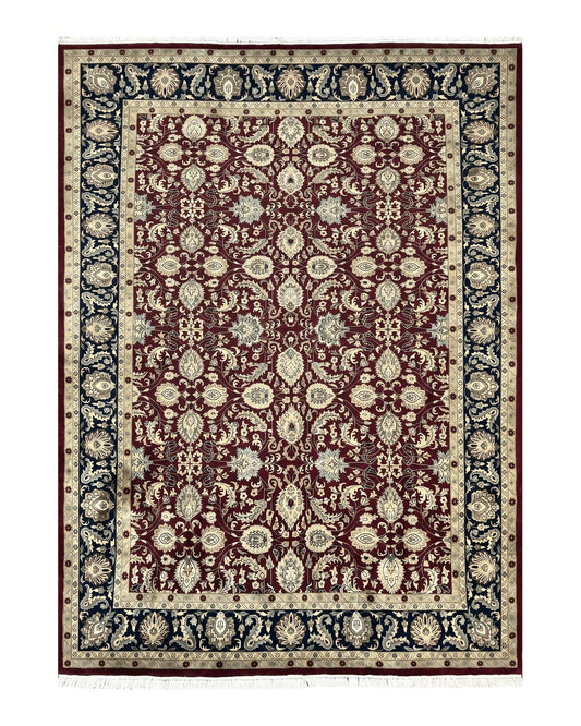 Indo Persian Rug 10x14, Floral Allover, Maroon, Handmade Hand Knotted VIntage Wool Rug, Large Oriental Carpet