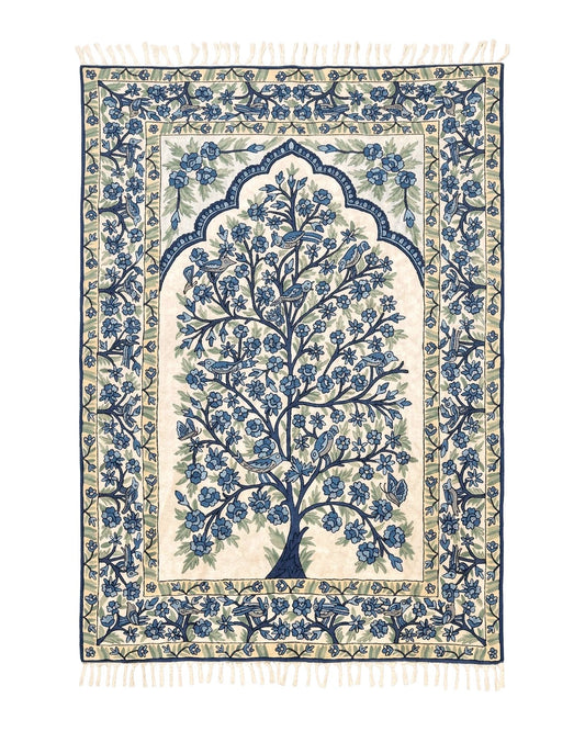 Tree of Life Indian Hand Stitched Rug 4x6, Indian Wall Hanging Rug, Ivory Blue, Silk on Cotton, Vintage