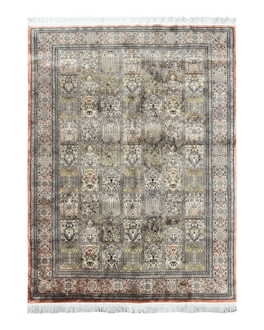 Magnificent Persian Silk Rug 3.7 x 5, Persian Qum Rug, Panel Design, Kheshti Garden, Extremely Fine 650 KPSI - 70 Raj, Hand Knotted, Vintage, Multicolor
