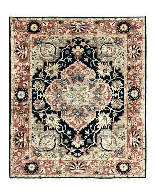 Pak Persian Rug 8x10, Pakistani Mahal Sultanabad Carpet, Signature from Master Weaver, Shiny Wool, Black Red Vintage Handmade Medallion Rug