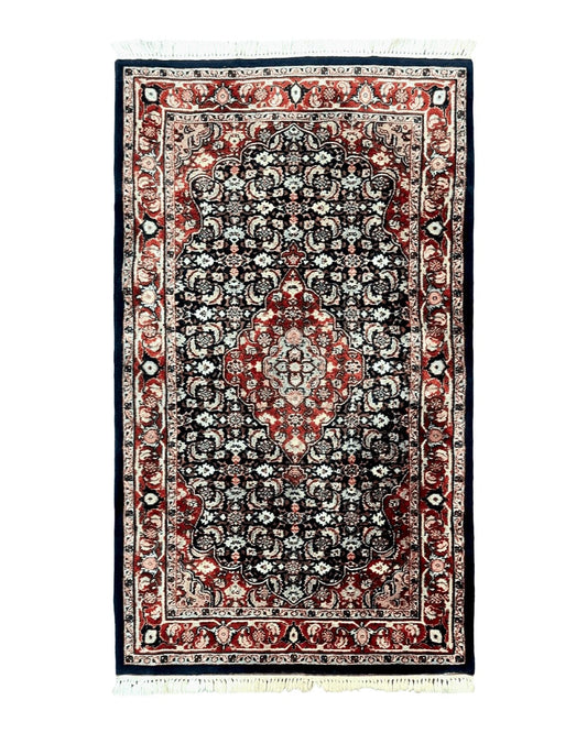Indo Persian Rug 3x4, Herati Allover Pattern, Midnight Blue and Red, Small Vintage Handmade Wool Rug