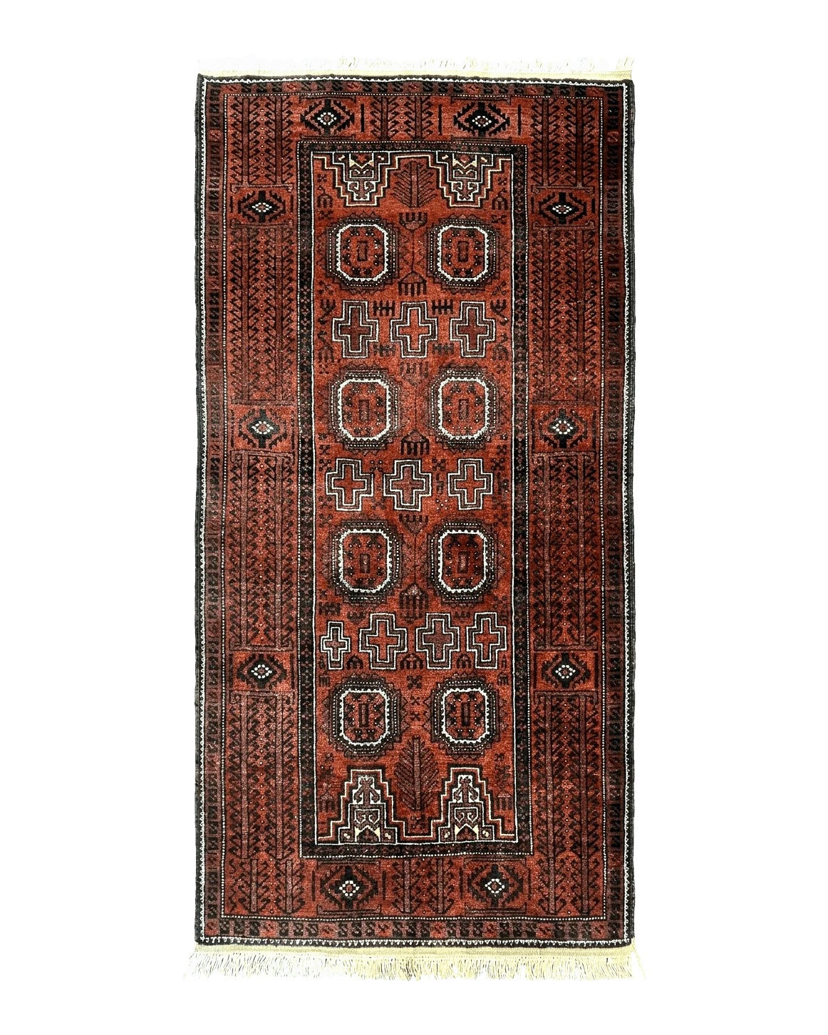 Antique Persian Turkoman Rug 3x6, Wool Tribal Handmade Carpet, Red and Black