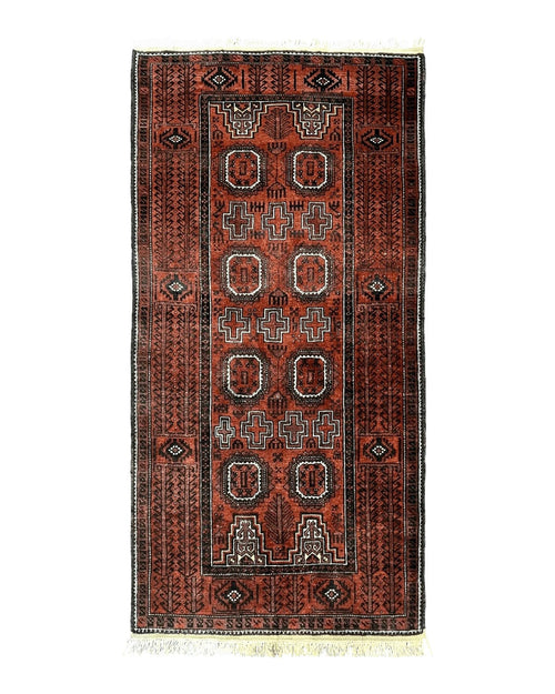 Antique Persian Turkoman Rug 3x6, Wool Tribal Handmade Carpet, Red and Black
