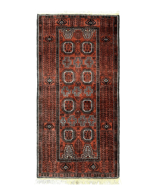 Antique Persian Turkoman Rug 3x6, Wool Tribal Handmade Carpet, Red and Black