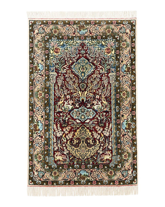 Marvelous Persian Isfahan Rug 3.7 x 5.6, Tree of Life and Animal Pictorials, Handmade Vintage Super Fine 600 KPSI, Kork Wool  Silk Highlights, Rare