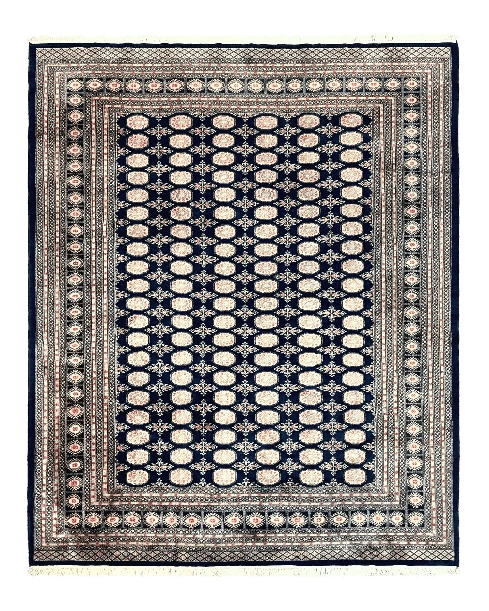 Pakistani Bokhara Rug 8x10, Turkoman Carpet, Dark Blue and Beige, Vintage Handmade Wool Carpet