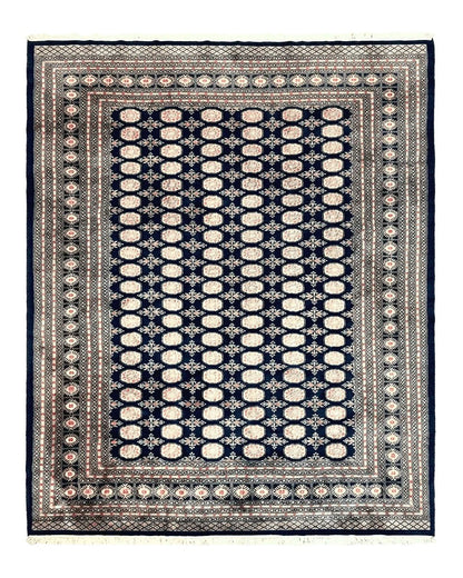 Pakistani Bokhara Rug 8x10, Turkoman Carpet, Dark Blue and Beige, Vintage Handmade Wool Carpet