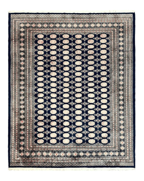 Pakistani Bokhara Rug 8x10, Turkoman Carpet, Dark Blue and Beige, Vintage Handmade Wool Carpet