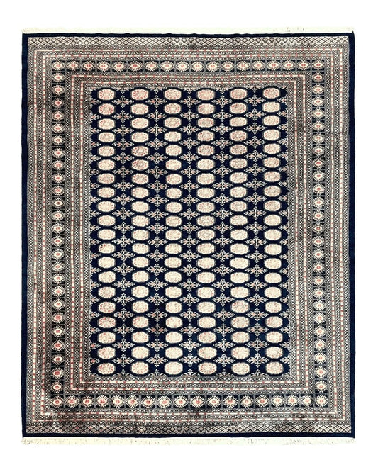 Pakistani Bokhara Rug 8x10, Turkoman Carpet, Dark Blue and Beige, Vintage Handmade Wool Carpet