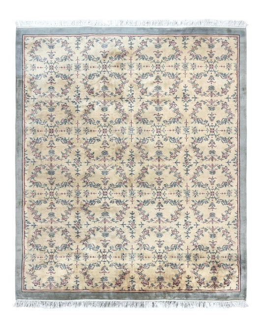 Sino Persian Rug 8x10, Floral, Oatmeal and Light Teal, Handmade Wool Vintage Carpet