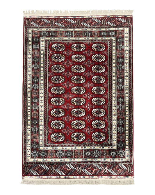 Pakistani Bokhara Rug 4x6, Red Turkoman Carpet, Finely Hand Knotted, Wool Vintage Rug