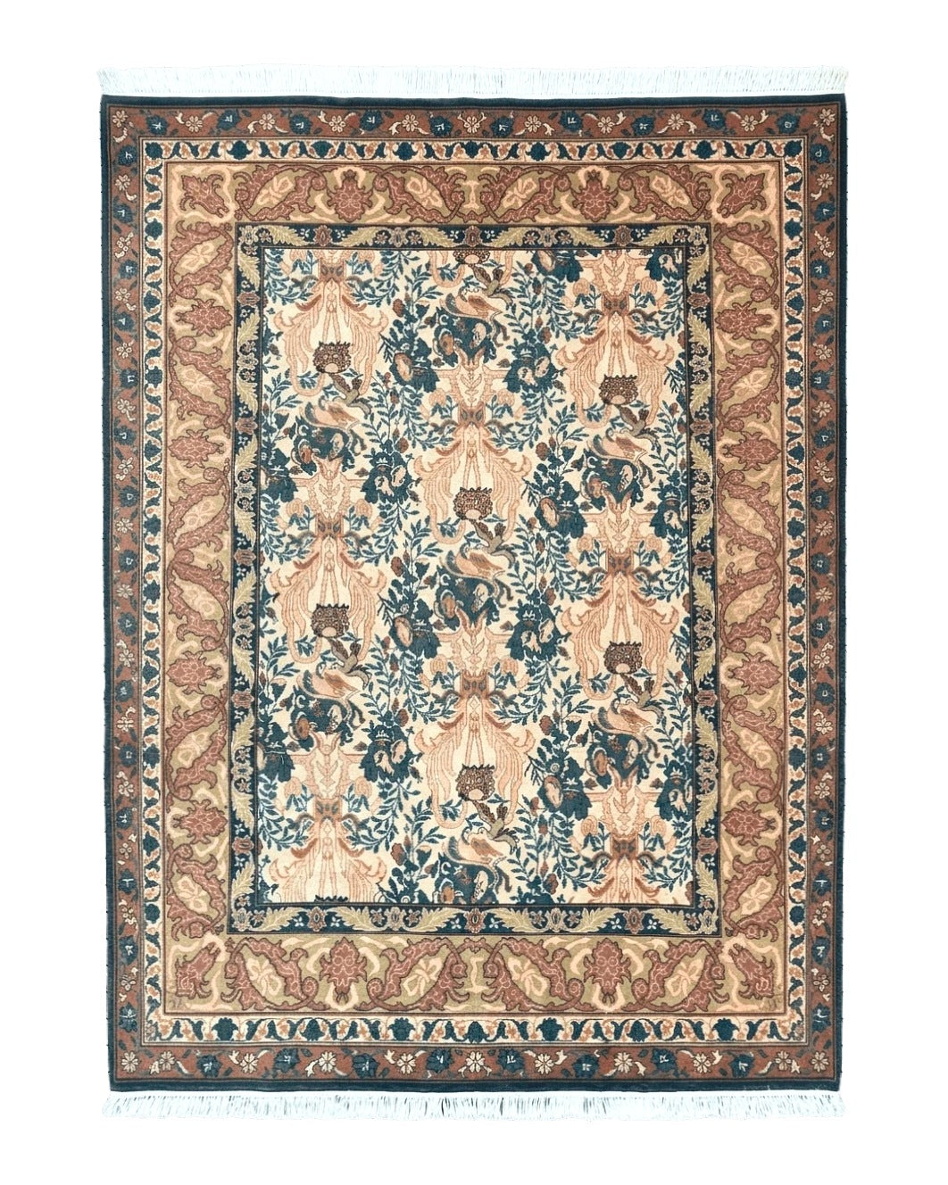 10x13 Wool Rug, Floral Pattern, Birds, Handmade Vintage Carpet, Couristan Rug, Beige