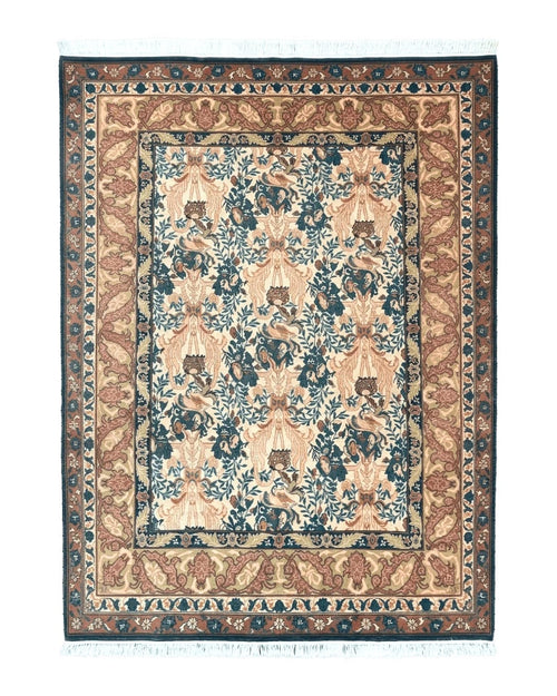 10x13 Wool Rug, Floral Pattern, Birds, Handmade Vintage Carpet, Couristan Rug, Beige