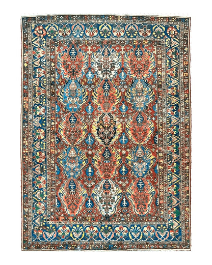 Large Persian Bakhtiari Rug 10x14, Rare Perisan Tribal Rug, Red Blue Ivory Multicolor, Hand Knotted, Semi Antique Carpet