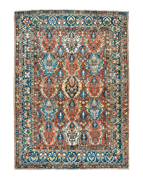 Large Persian Bakhtiari Rug 10x14, Rare Perisan Tribal Rug, Red Blue Ivory Multicolor, Hand Knotted, Semi Antique Carpet