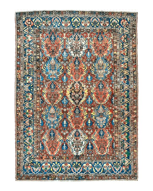 Large Persian Bakhtiari Rug 10x14, Rare Perisan Tribal Rug, Red Blue Ivory Multicolor, Hand Knotted, Semi Antique Carpet