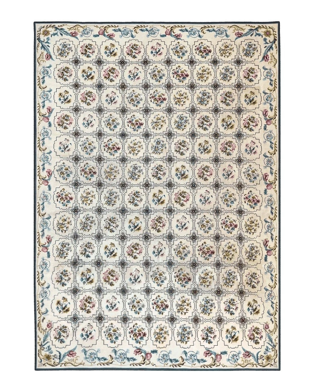 Needlepoint Rug 10x14, Wool Handmade Vintage Needlepoint Carpet, Floral Panel Design, Ivory/Cream