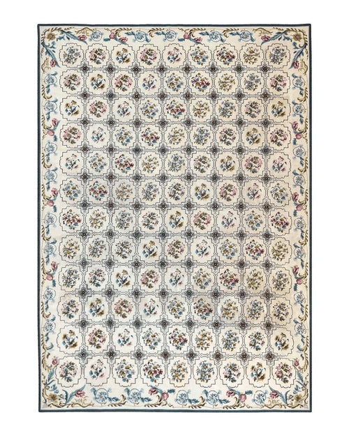 Needlepoint Rug 10x14, Wool Handmade Vintage Needlepoint Carpet, Floral Panel Design, Ivory/Cream