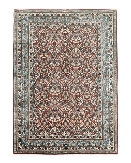 Unique Persian Qum Rug 5x7, Repeated Paisely Boteh Design, Ivory Red Blue, Handmade Antique Wool Persian Carpet, Finely Hand Knotted
