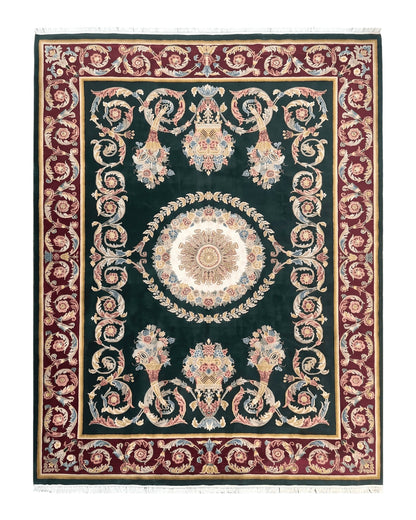 Aubusson Rug 9x12, Dark Green, European Design, Vintage Fine Handmade Carpet, Elegant