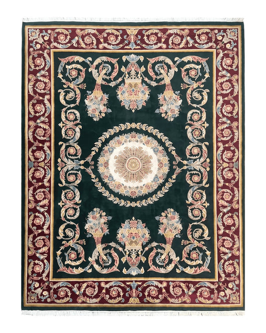 Aubusson Rug 9x12, Dark Green, European Design, Vintage Fine Handmade Carpet, Elegant