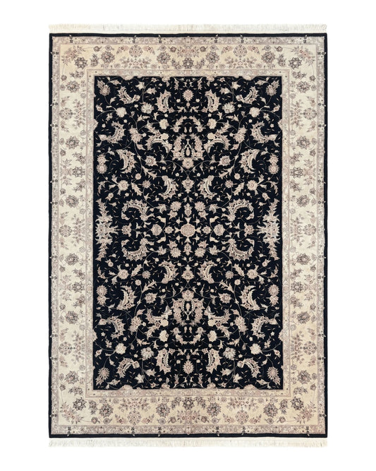 Sino Persian Rug 6x9, Black and Ivory, Wool and Silk Highlights, Handmade