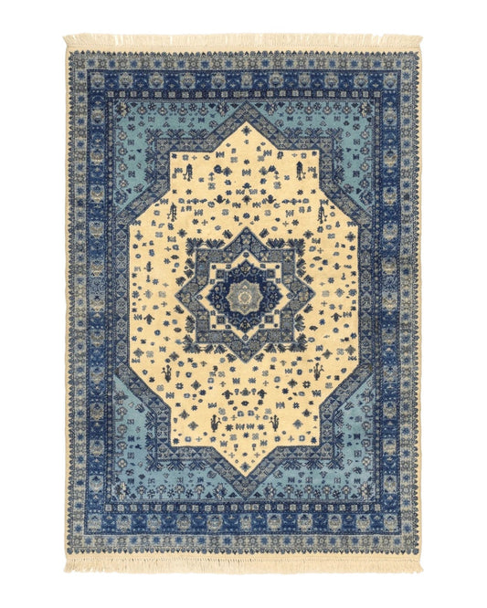 Moroccan Rug 7x10, Geometric Medallion, Blue and Ivory