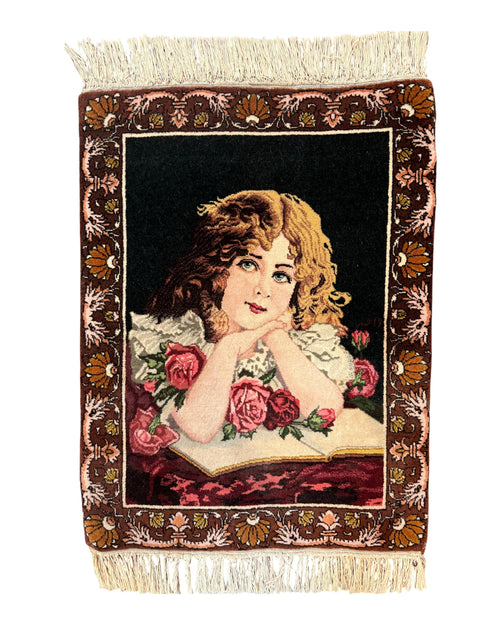 Small Persian Tabriz Pictorial Rug of Young Girl, Very Fine 380 KPSI, Portrait of Young Lady with Roses, Handmade, Persian Rug for Wall Hanging