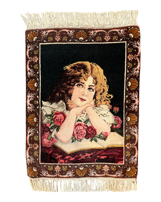 Small Persian Tabriz Pictorial Rug of Young Girl, Very Fine 380 KPSI, Portrait of Young Lady with Roses, Handmade, Persian Rug for Wall Hanging