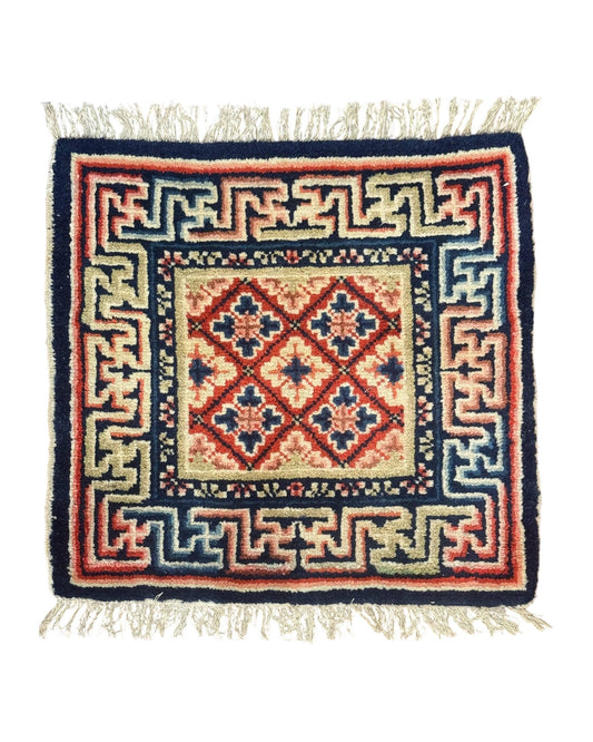 Small Antique Chinese Rug 2x2, Red Blue Square Rug Mat, Handmade, Tibetan Rug
