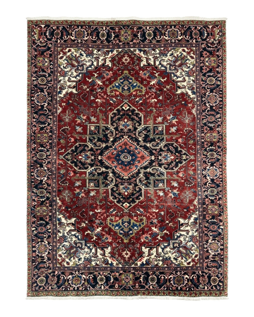 Antique Persian Heriz Rug 8x11, Geometric Tribal Wool Carpet, Brick Red