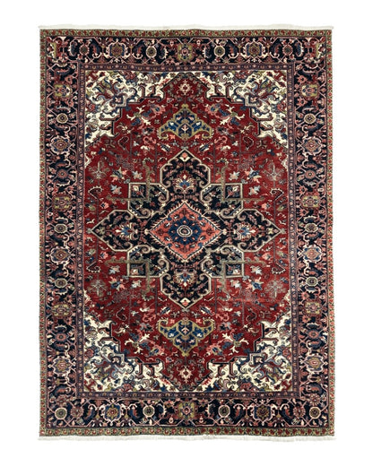 Antique Persian Heriz Rug 8x11, Geometric Tribal Wool Carpet, Brick Red