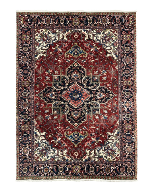 Antique Persian Heriz Rug 8x11, Geometric Tribal Wool Carpet, Brick Red