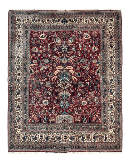 Antique Persian Mashad Rug 10x12, Red and Ivory, Signed by Master Weaver