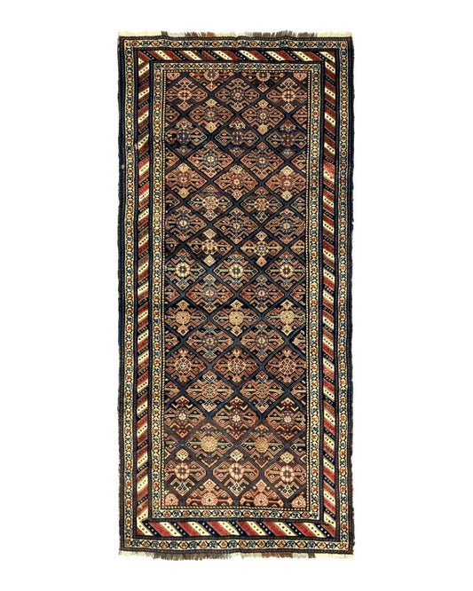Antique Persian Wide Runner Rug 4x9, Kurdish Rug, Panel Design, Rainbow Border, Rare Tribal Rug