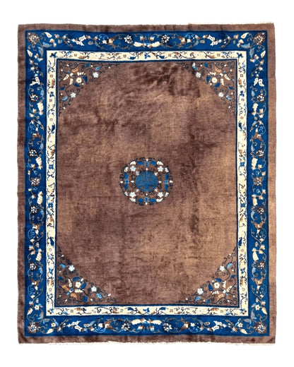 Antique Chinese Wool Rug 9x11, Large Chinese Art Deco Rug, Peking Rug, Brown and Blue, Open Field, Fete Rug