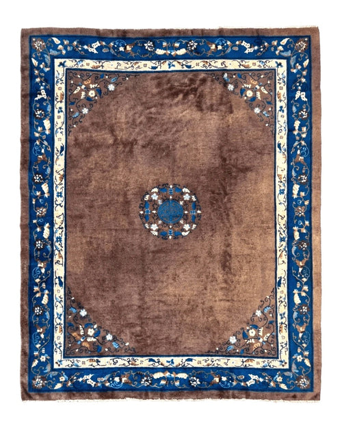 Antique Chinese Wool Rug 9x11, Large Chinese Art Deco Rug, Peking Rug, Brown and Blue, Open Field, Fete Rug