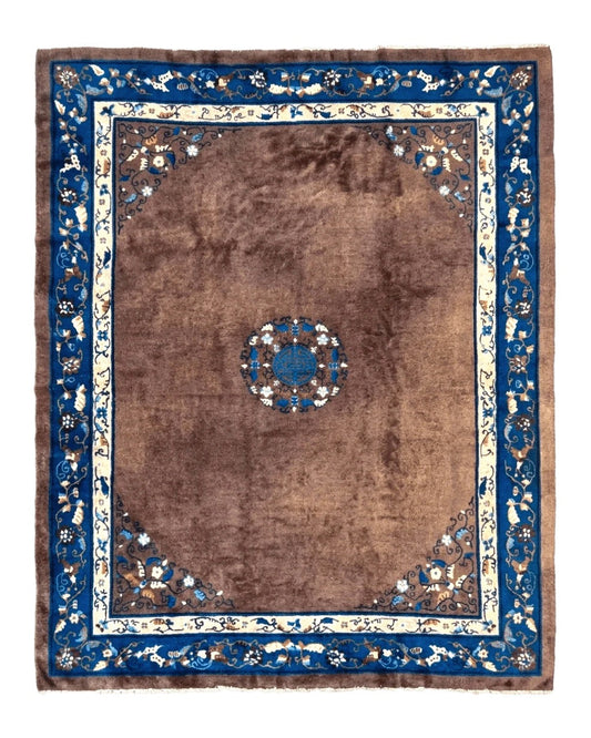 Antique Chinese Wool Rug 9x11, Large Chinese Art Deco Rug, Peking Rug, Brown and Blue, Open Field, Fete Rug