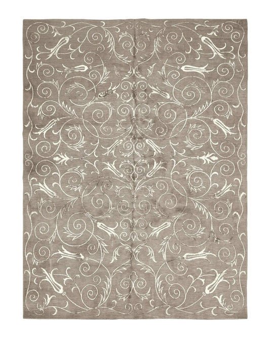 Tibetan Rug 9x12 Wool and Silk Beige Modern Handmade Carpet